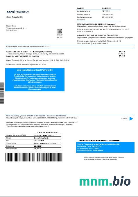 Finland Oomi Palvelut Oy electricity rachunek za usługi komunalne w formatach word i pdf